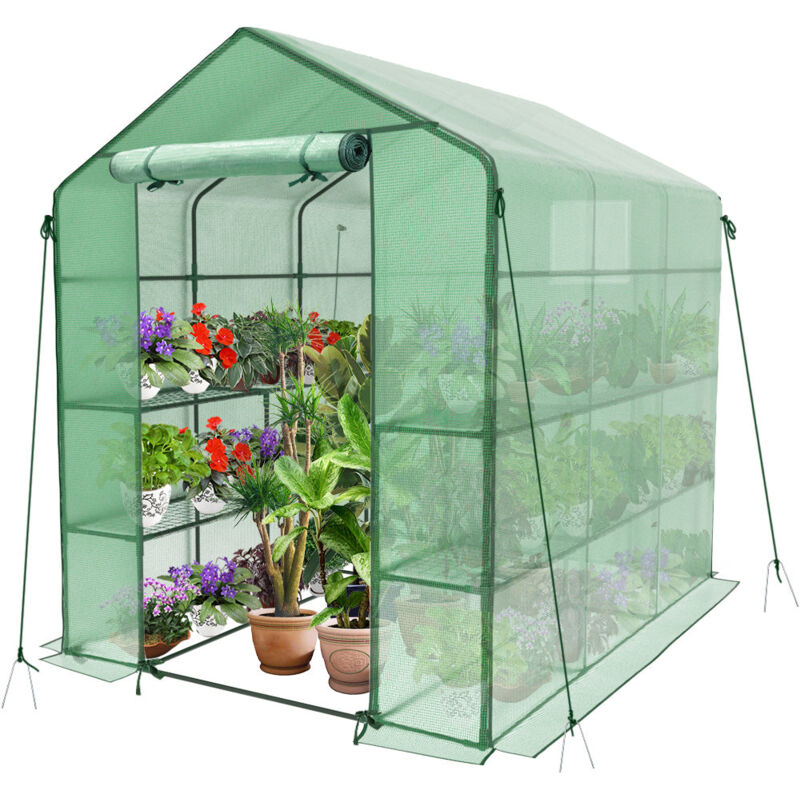 VOUNOT® Serre de jardin avec étagères 143x215x195cm vert - bâche renforcée 135g/m² - fenêtre moustiquaire - porte enroulable zippée