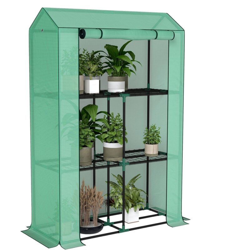 Serre de jardin balcon 3 étagères - porte enroulable zippée - 100 x 40 x 150 cm - acier pe vert