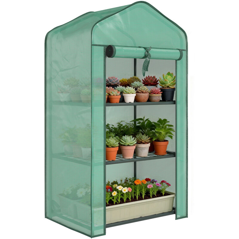 Serre de jardin - Outsunny - avec étagères 3 niveaux - bâche renforcée PE, châssis en acier - porte zippée enroulable - vert