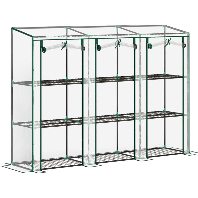 Serre de jardin balcon avec étagères métalliques 3 niveaux 3 portes acier noir pvc transparent