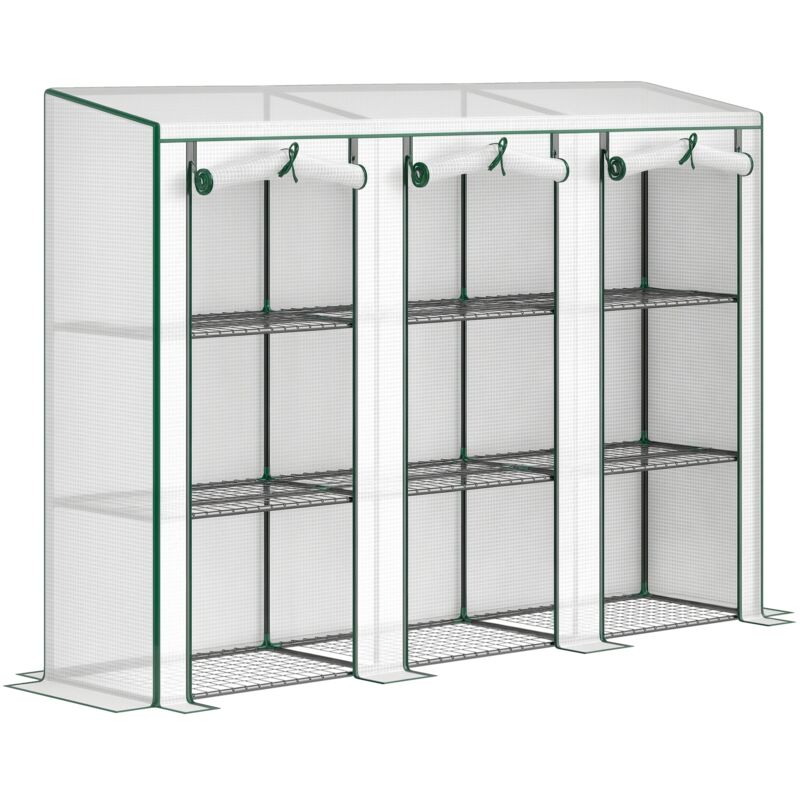 Serre de jardin - Outsunny - étagères métalliques à 3 niveaux - 3 portes enroulables zippées - toit incliné - 215 x 46 x 151cm blanc Serre de jardin - Outsunny - étagères métalliques à 3 niveaux - 3 portes enroulables zippées - toit incliné - 215 x 46 x 151cm blanc