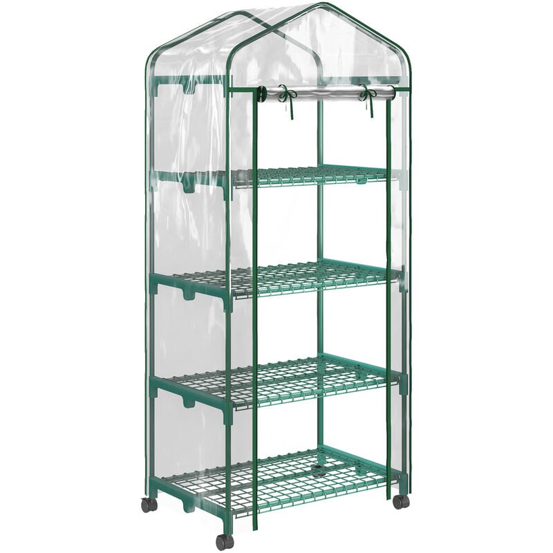 Serre de jardin balcon sur roulettes 4 étagères dim. 0,69L x 0,5l x 1,65H m acier thermolaqué bâche pvc porte zippée transparente