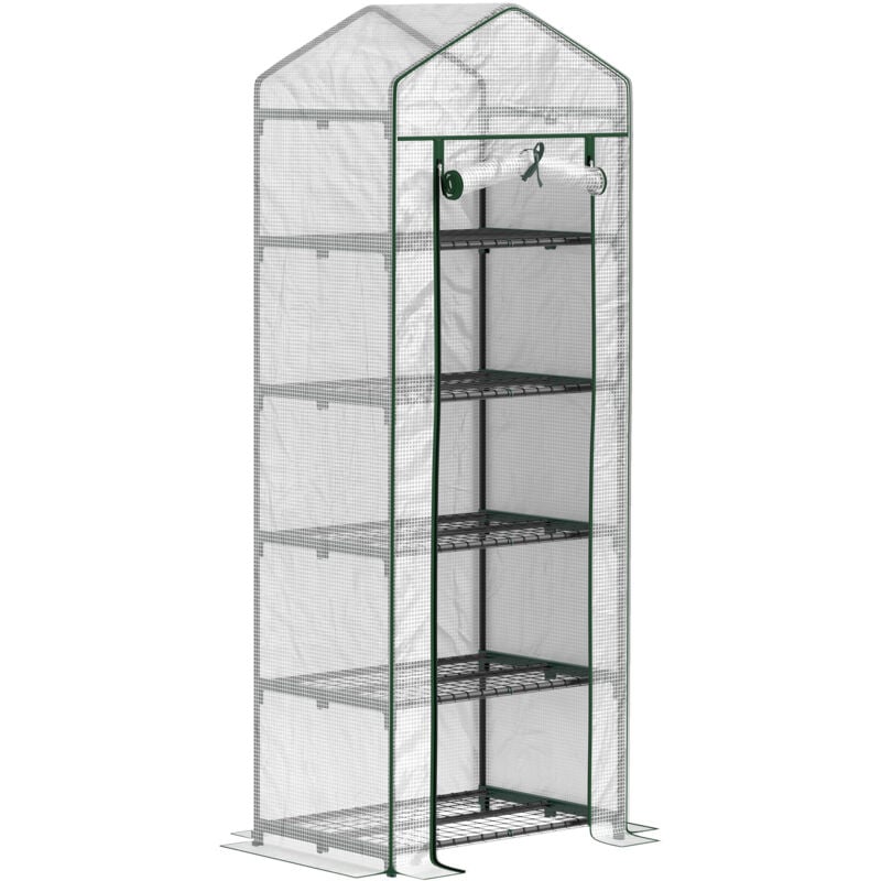 Serre de jardin balcon 5 étagères porte zippée 69 x 49 x 193 cm acier thermolaqué bâche pe blanc