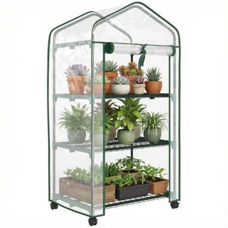 Serre de jardin compacte 3 étagères, housse PVC résistante, porte zippée à roulettes 69x49x130 cm