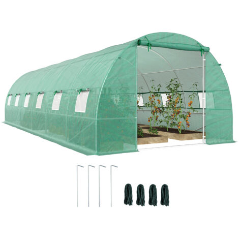 Serre de Jardin en Acier Vert 8x3x2 m avec Toit en PE, 12 Fenêtres et Porte à Enroulement, Abri de Culture en Dôme pour Potager