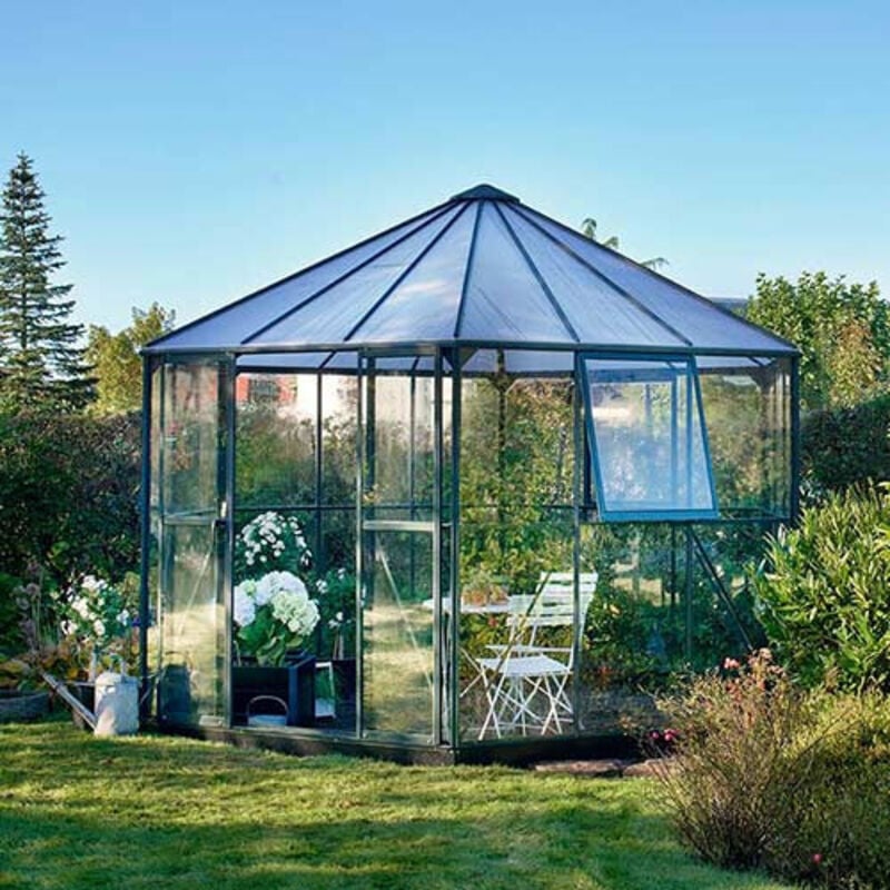 Halls - Serre en verre trempé Atrium avec base - 9 m², Couleur Noir