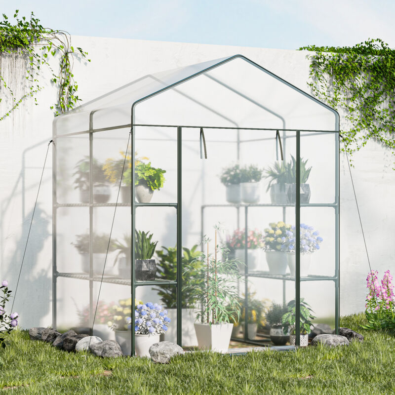 Costway – Serre de jardin en PVC 139x144x195 cm – 4 niveaux avec 8 étagères – Couverture imperméable et résistante aux intempéries – Accès facile par