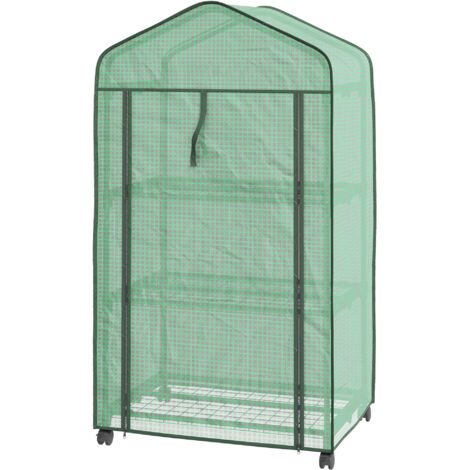 Serre de jardin Mini serre de jardin avec 3 étagères, bâche PE haute densité, porte enroulable, 4 roulettes, dim. 69L x 49l x 130H cm