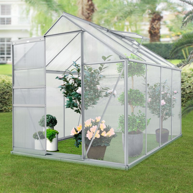 Greenhouse de patio en forme de maison avec porte coulissante et fenêtres différentes tailles Couleur : 250 x 190 x 124/195 cm