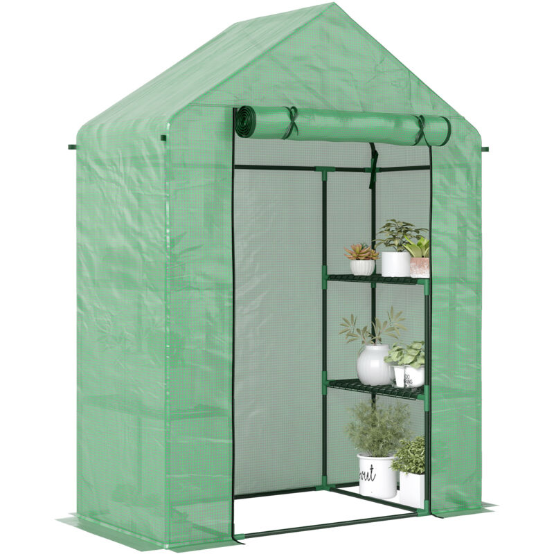 Serre de Jardin - Outsunny - avec Étagères 3 Niveaux - Bâche PE 140 g/㎡ Renforcée et Châssis Acier - pour Légumes et Fleurs - Vert