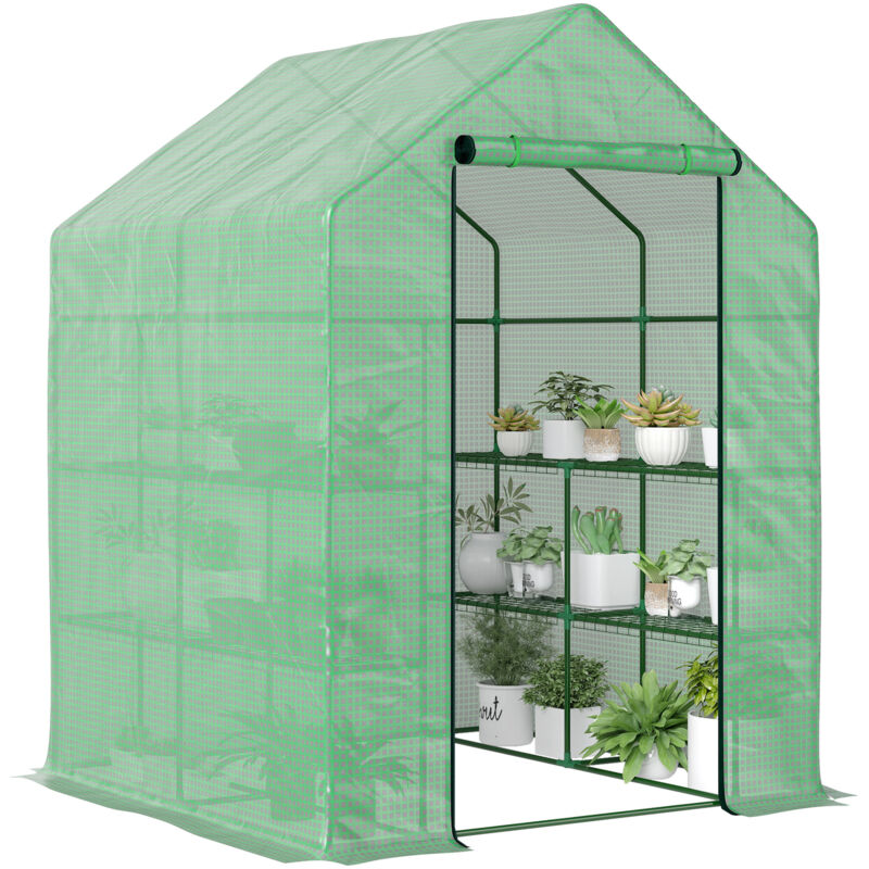 Serre de Jardin - Outsunny - avec Étagères 3 Niveaux - Bâche PE 140 g/㎡ Renforcée et Châssis Acier - pour Légumes et Fleurs - Vert