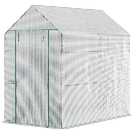 Serre de jardin PE 140g/m² avec étagère 2 niveaux, serre balcon acier, porte zippée enroulable, pour légumes plantes fleurs, 186x120x190 cm blanc