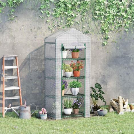 Serre de jardin PE avec étagères 4 niveaux, serre de balcon, bâche renforcée 140 /m², châssis en acier, porte zippée enroulable, pour légumes plantes, intérieur extérieur, 70x50x160cm, blanc