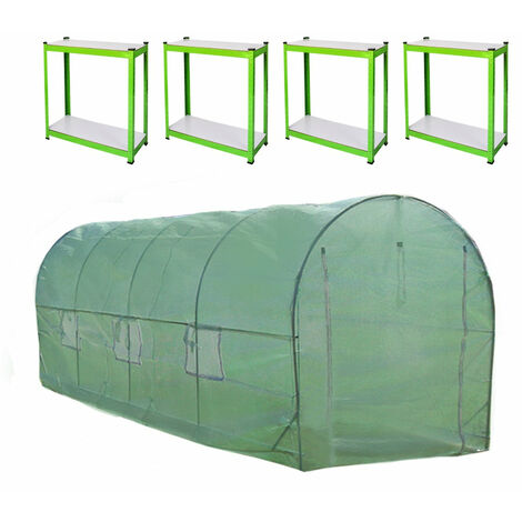 Serre de Jardin Polytunnel Fenêtres Portes Galvanisés Couverture en PE Cadre en Métal 2 Étagères Extérieur Plantes Diamètre 25mm 6m x 2m