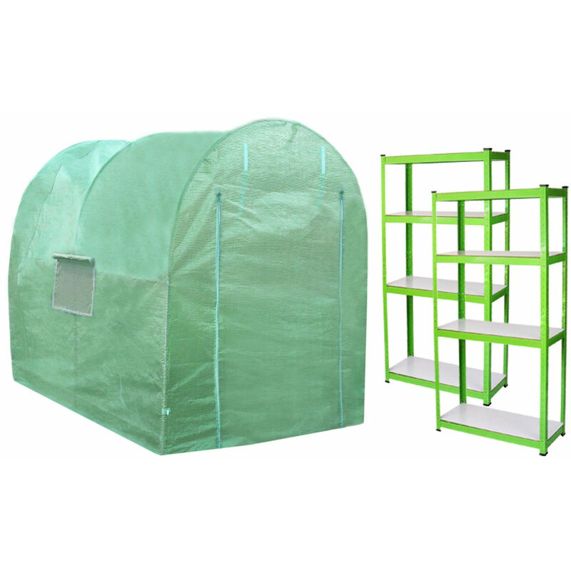 Monster-shop - Serre de Jardin Polytunnel Fenêtres Portes Galvanisés Couverture en pe Cadre en Métal 2 Étagères Extérieur Plantes Diamètre 19mm 3m x