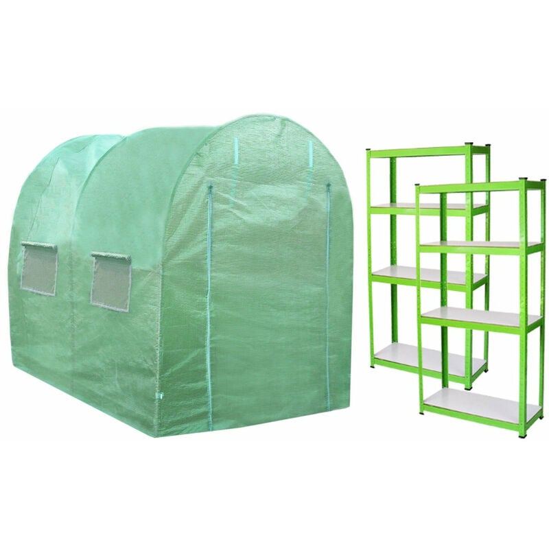 Monster-shop - Serre de Jardin Polytunnel Fenêtres Portes Galvanisés Couverture en pe Cadre en Métal 2 Étagères Extérieur Plantes Diamètre 25mm 3m x
