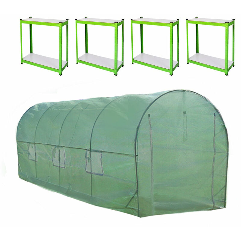Monster-shop - Serre de Jardin Polytunnel Fenêtres Portes Galvanisés Couverture en pe Cadre en Métal 2 Étagères Extérieur Plantes Diamètre 25mm 6m x