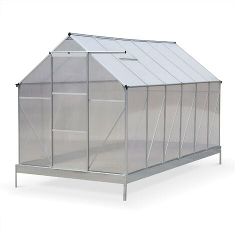Serre de jardin Sapin en polycarbonate 7m² avec base, 2 lucarnes de toit, gouttière, Polycarbonate 4mm - Transparent