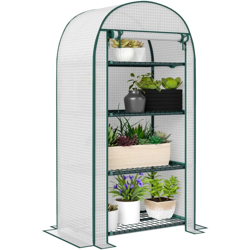 Serre de jardin serre de balcon 4 étagères métal porte zippée enroulable 80 x 49 x 160 cm PE blanc