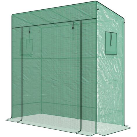 Serre de jardin Serre de jardin murale adossée avec 1 porte enroulable, bâche PE renforcée, 2 fenêtres, dim. 196L x 77l x 197/178H cm