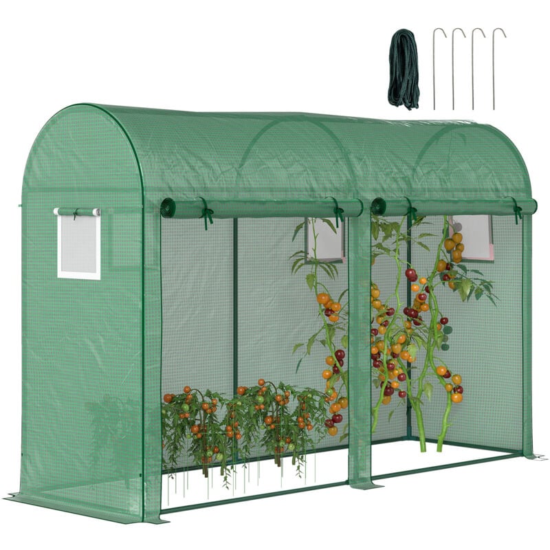 Serre de Jardin serre à tomates dim. 3L x 1l x 2H m 2 portes zippées déroulantes 4 fenêtres enroulables acier pe haute densité 140 g/m² anti-UV vert