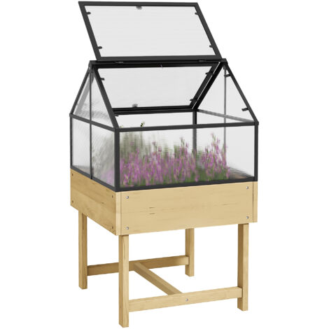Serre de jardin sur pieds 60x57x103 cm, double toit ouvrable, panneaux polycarbonate, acier et bois sapin traité, mini serre extérieure pour plantes et semis.
