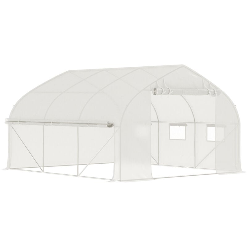 Serre de jardin tunnel 10,4 m² - 6 fenêtres et porte zippée avec moustiquaires - acier galvanisé pe blanc