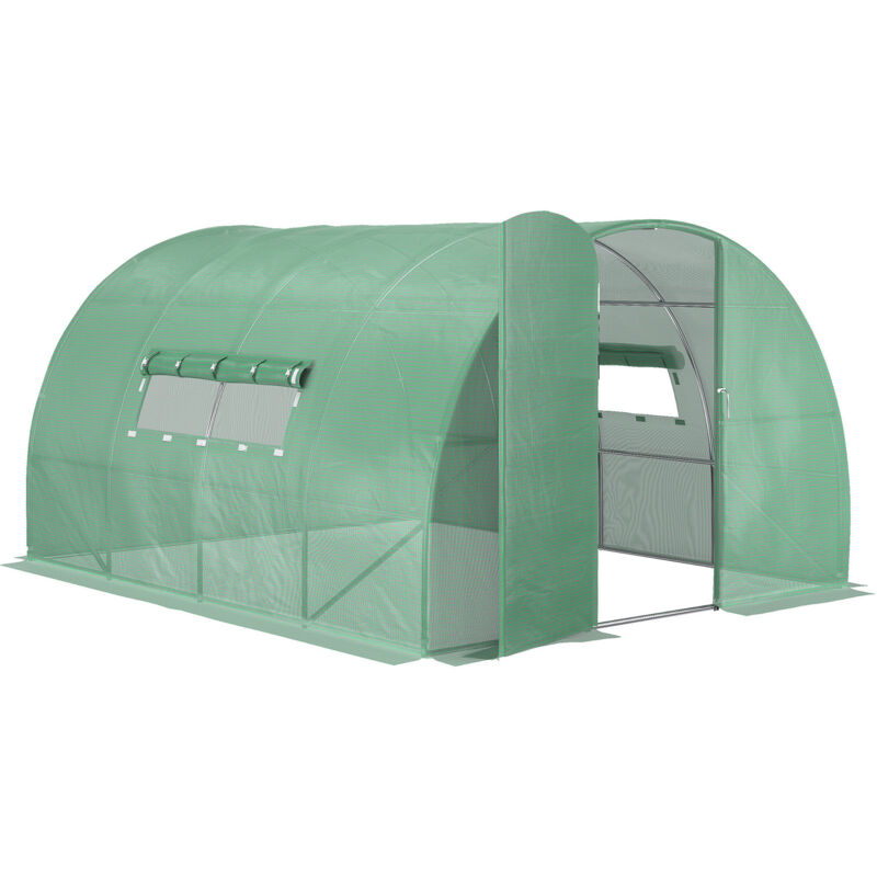 Serre de jardin tunnel 12 m² 4L x 3l x 2H m acier galvanisé renforcé diamètre 2,5 cm + pe haute densité fenêtres porte vert