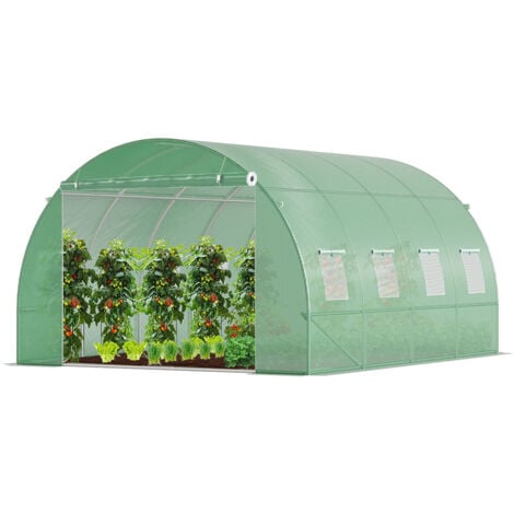 Serre de jardin tunnel 12m² en acier galvanisé - 4L x 3l x 2H m - fenêtre anti-moustiquaire, porte enroulable, barre anti-tempête