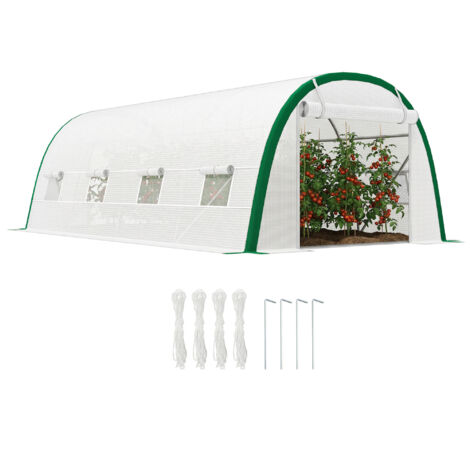 Serre de Jardin Tunnel 18 m² dim. 6L x 3l x 2H m - 8 fenêtres, Porte zippée Enroulable, Acier galvanisé, bâche PE, Blanc
