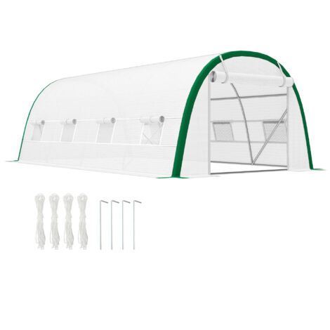 Serre de Jardin Tunnel 18 m² dim. 6L x 3l x 2H m - 8 fenêtres, Porte zippée Enroulable, Acier galvanisé, bâche PE, Blanc