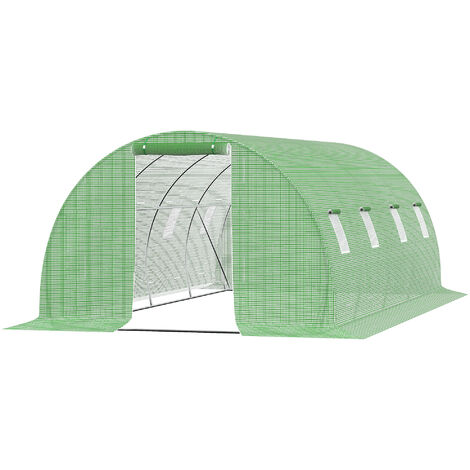 Serre de jardin tunnel 18 m² dim. 6L x 3l x 2H m - 8 fenêtres, porte zippée enroulable - châssis tubulaire acier galvanisé, bâche PE haute densité vert - Vert