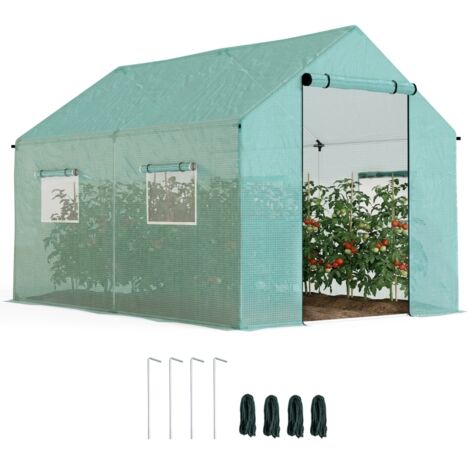 Serre de jardin tunnel 2 x 3m, 6m² avec porte enroulable, 4 fenêtres, - Acier galvanisé PE Haute densité Vert