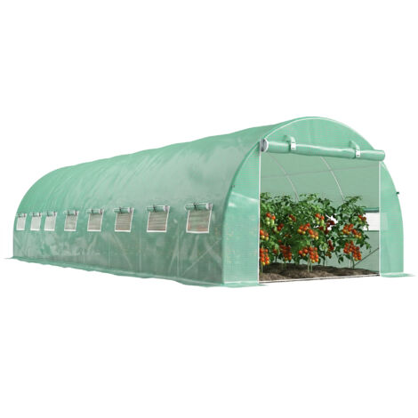 Serre de jardin tunnel 24m² 8L x 3l x 2H m - 16 fenêtres, Porte zippée enroulable acier galvanisé, bâche PE, Vert