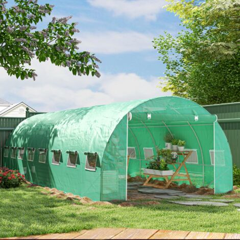 Serre de jardin tunnel 24m² 8L x 3l x 2H m - 16 fenêtres, Porte zippée enroulable acier galvanisé, bâche PE, Vert
