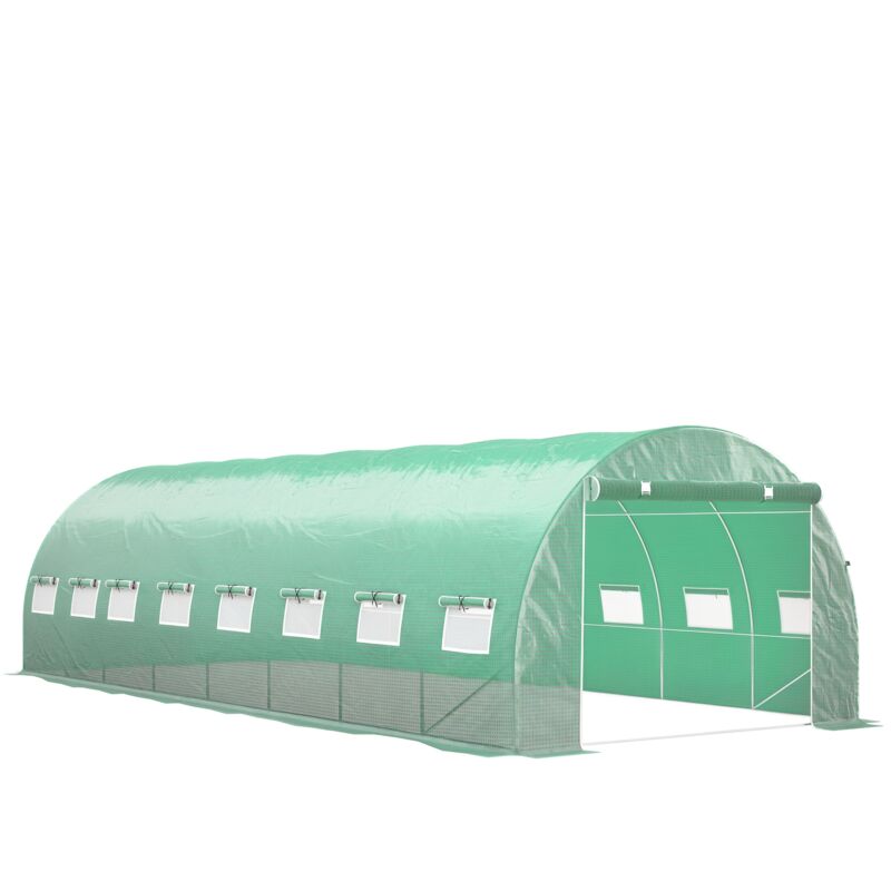 Serre de jardin tunnel 24m² 8L x 3l x 2H m - 16 fenêtres, Porte zippée enroulable acier galvanisé, bâche PE, Vert
