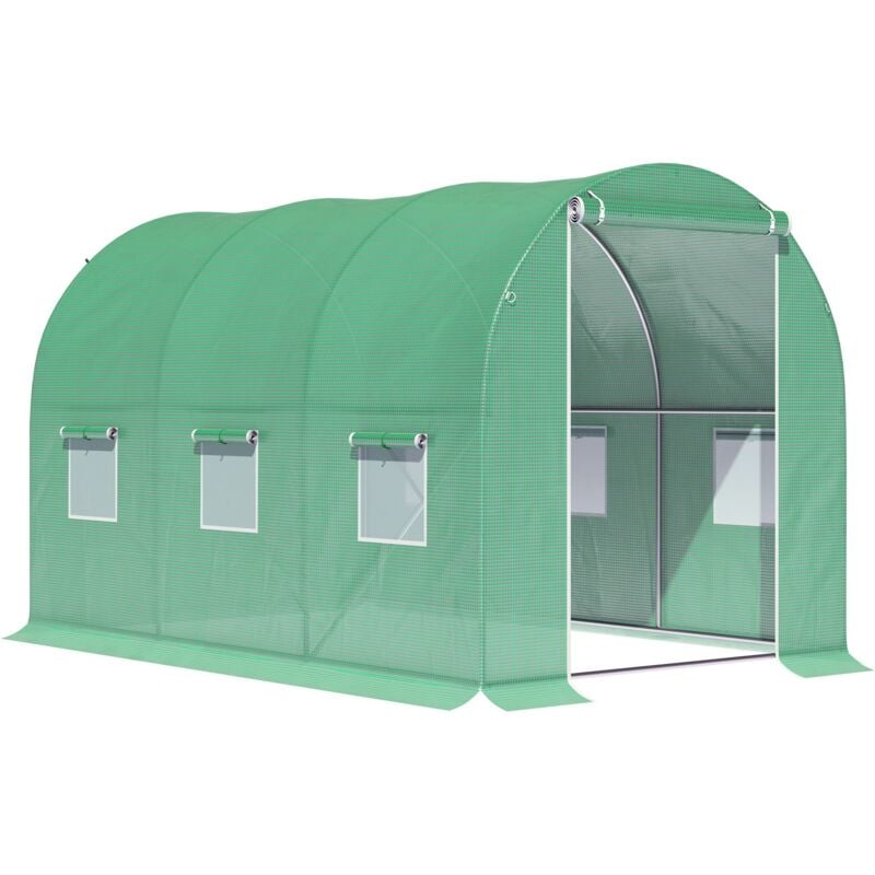 Serre de jardin tunnel surface sol 6 m² 3L x 2l x 2H m châssis tubulaire renforcé porte zippée 6 fenêtres enroulables vert