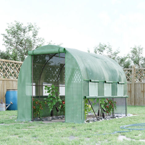 Serre de jardin tunnel 6 m² 6 fenêtres porte zippée acier galvanisé PE