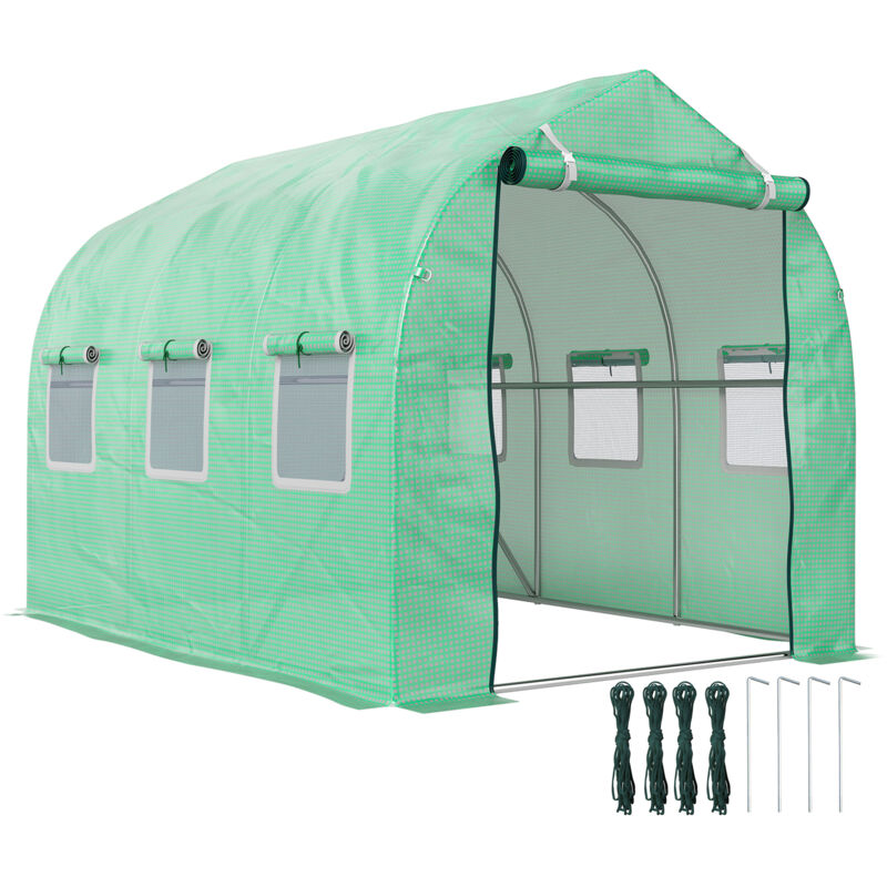 Serre de jardin tunnel 6 m² 6 fenêtres porte zippée acier galvanisé pe vert