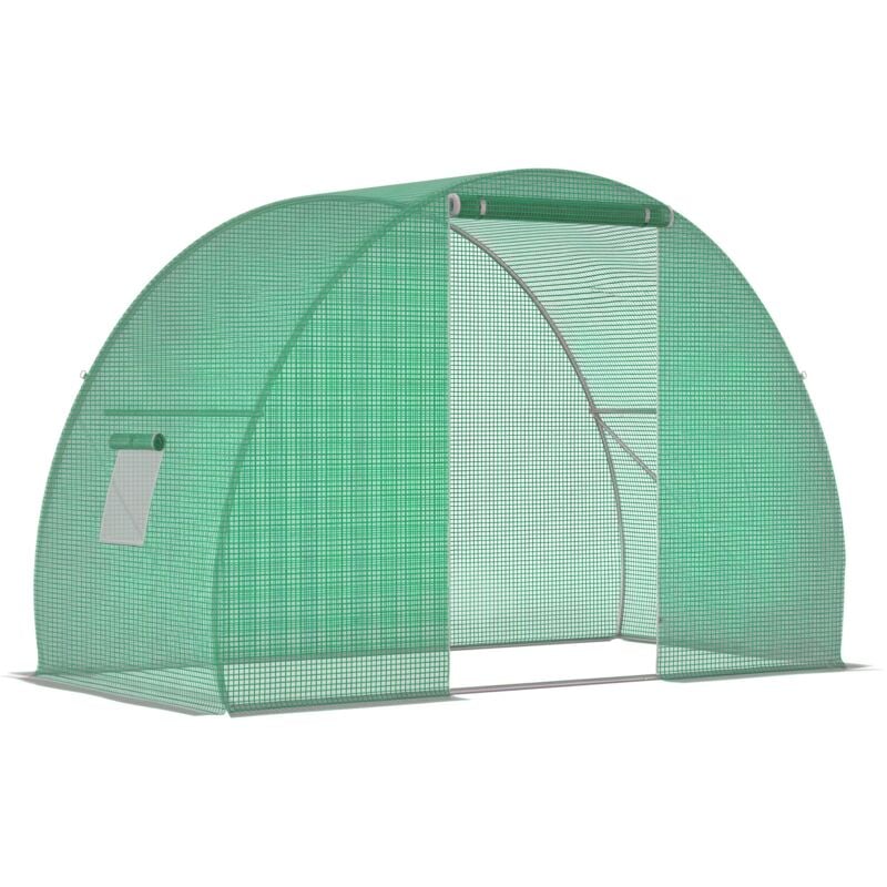 Serre de jardin tunnel surface sol 4,5 m² dim. 3L x 1,5l x 2H m châssis tubulaire renforcé porte zippée 2 fenêtres enroulables vert