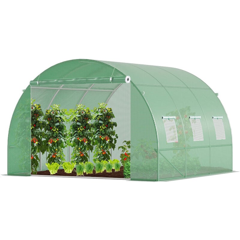 Serre de jardin tunnel 9m² en acier galvanisé vert - fenêtre anti-moustiquaire - porte enroulable - barre anti-tempête - Vounot