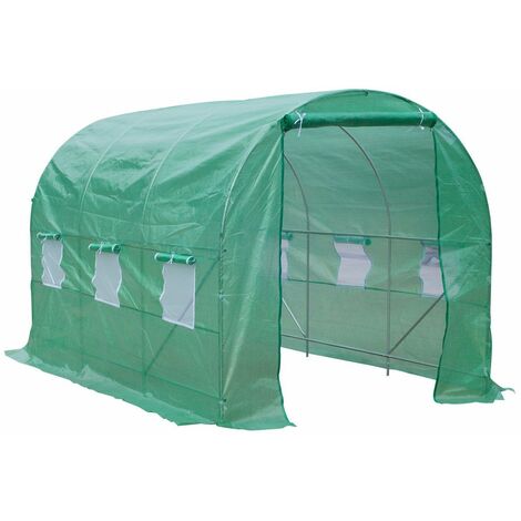 Serre de jardin tunnel 7m² 3,5L x 2l x 2H m châssis tubulaire acier galvanisé renforcé 6 fenêtres 1 portes vert