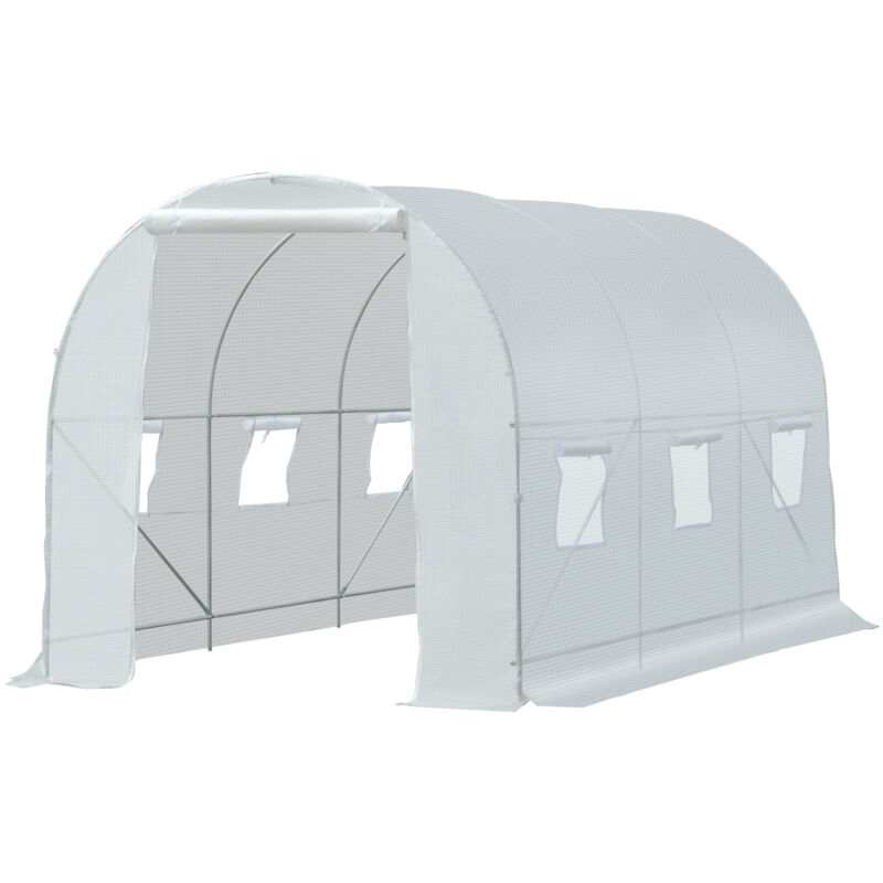 Outsunny - Serre de jardin tunnel surface sol 7 m² 3,5L x 2l x 2H m châssis tubulaire renforcé 18 mm 6 fenêtres blanc