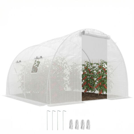 Serre de jardin tunnel 9 m² 4 fenêtres, porte zippée enroulable châssis acier galvanisé, bâche PE 3 x 3 x 2 m blanc