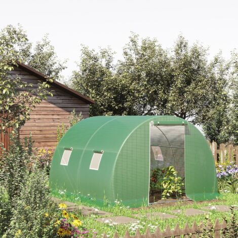 Serre de jardin tunnel 9 m² 4 fenêtres. porte zippée enroulable châssis acier galvanisé. bâche PE 3 x 3 x 2 m vert