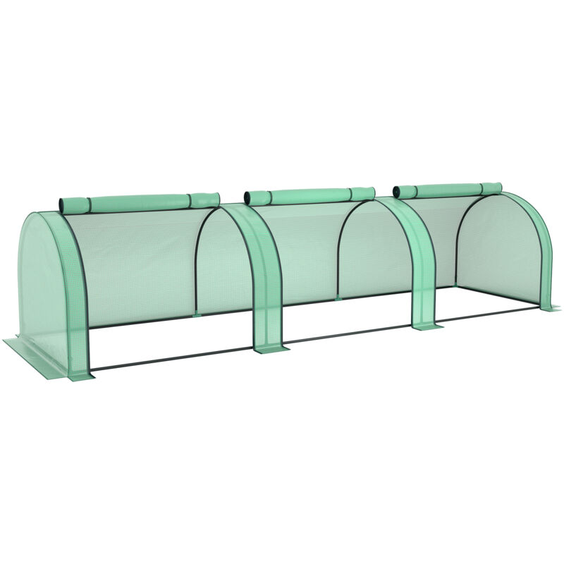 Mini Serre de Jardin tunnel - Outsunny - 3,5 x 1 x 0,8 m - Acier PE Haute densité 140 g/m² - 3 portes nroulables - vert