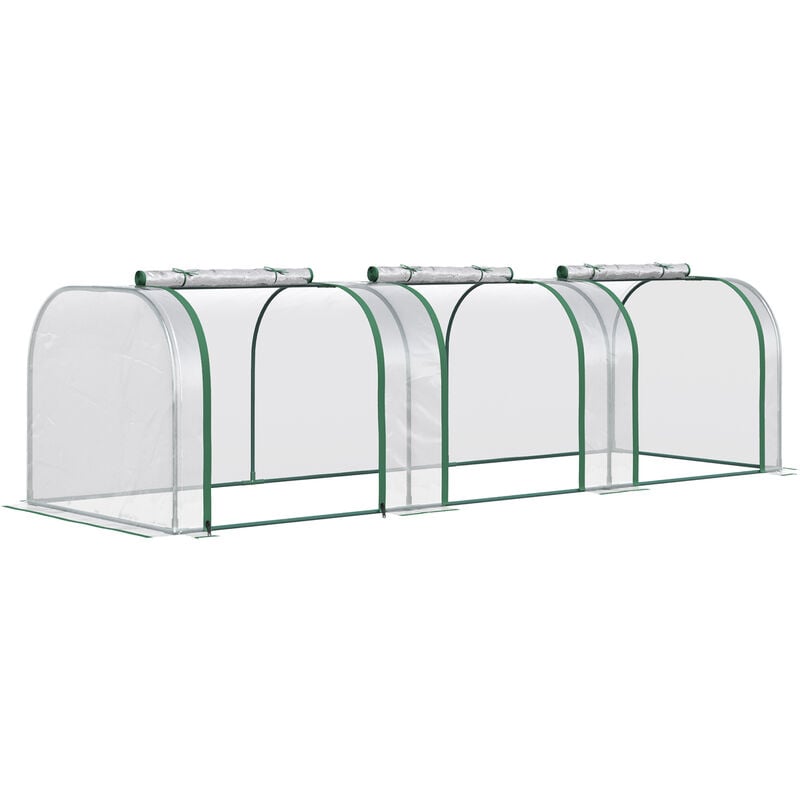 Serre de jardin tunnel 2,95L x 1l x 0,8H m 3 portes zippées bâche pvc transparent métal époxy vert