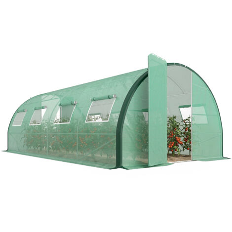 Serre de jardin tunnel serres tunnel 18 m² 8 fenêtres 2 portes articulées toile PE structure en fer galvanisé vert