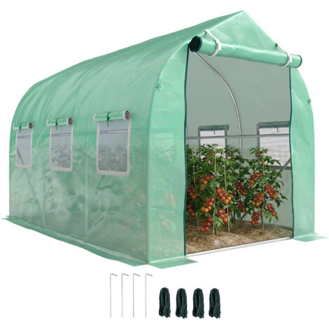 Serre de jardin tunnel serres tunnel 6 m² avec 6 fenêtres porte à fermeture éclair toile PE structure fer galvanisé vert
