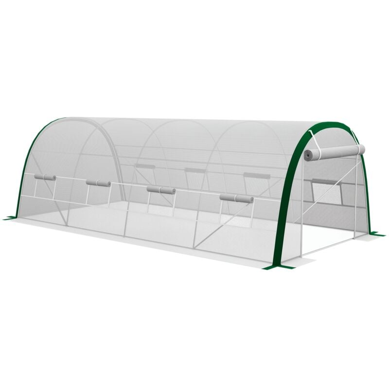 Serre de jardin tunnel surface sol 18 m² châssis tubulaire acier galvanisé renforcé 24 mm 8 fenêtres pe maillé blanc vert